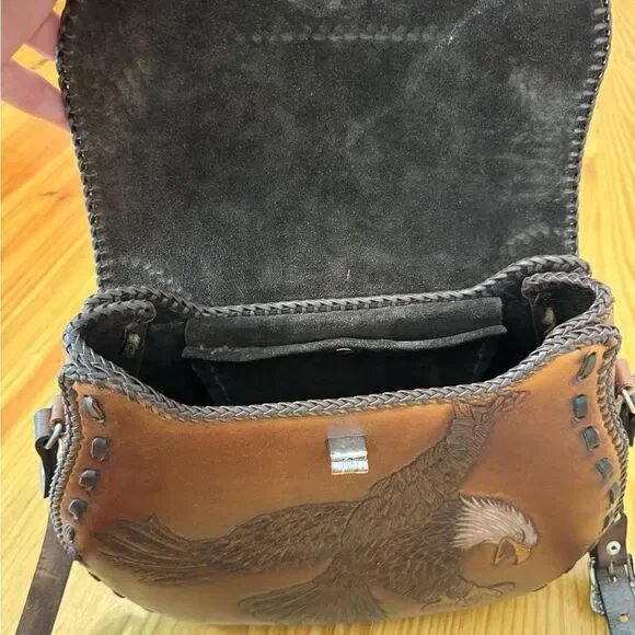 Vintage Handmade Tooled Leather Eagle Bird Saddlebag Shoulder Purse Western - Picture 13 of 16